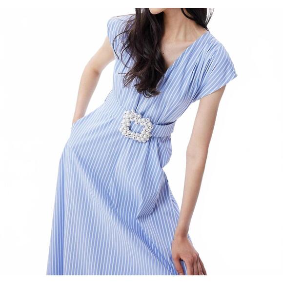 NEW THEO THE LABEL beaded belt v-neck shirtdress in blue - Picture 3 of 4